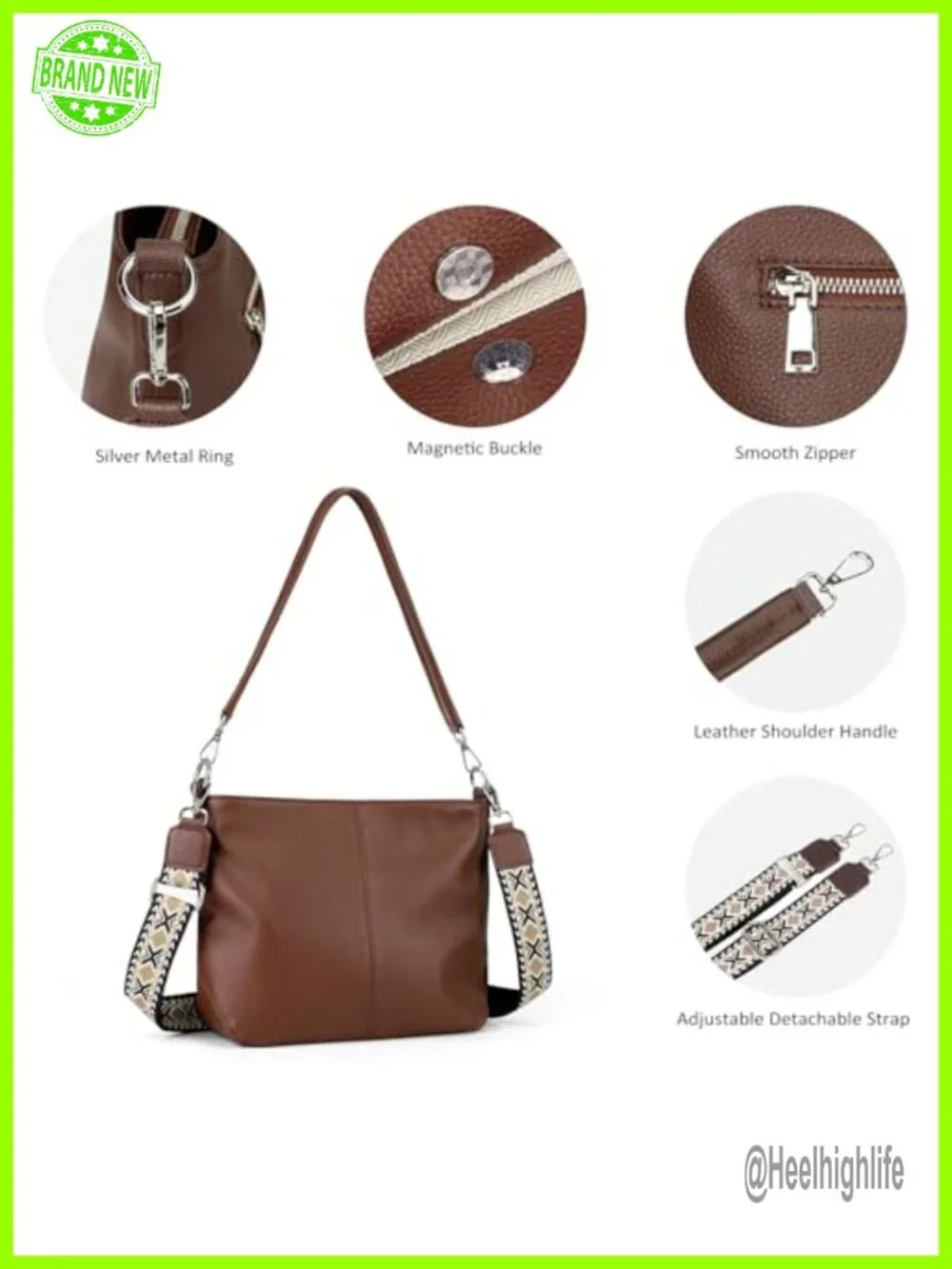 Genuine Leather Crossbody Hobo Bag with 2 Removable Straps